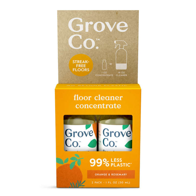 A Grove Co. Floor Cleaner Concentrate package includes 2 bottles, features a bio-based formula, uses 99% less plastic in recyclable packaging, and offers an Orange & Rosemary scent with eco-friendly branding and a simple leaf illustration.