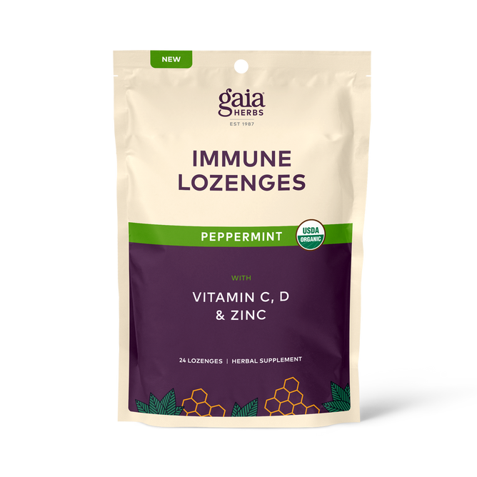Gaia Herbs Immune Lozenges in peppermint flavor support immune health. The cream and purple package reads Vitamin C, D & Zinc and contains 24 USDA organic herbal lozenges with soothing organic honey.