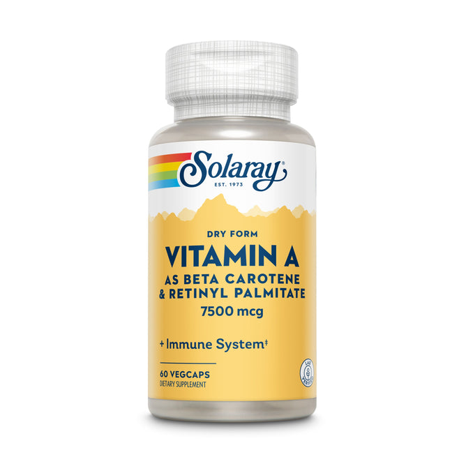 The Solaray Vitamin A supplement provides 7500 mcg of Dry Form Vitamin A as Beta Carotene & Retinyl Palmitate to support immune function. It comes in a bottle of 60 vegcaps with a white cap and vibrant rainbow label design.