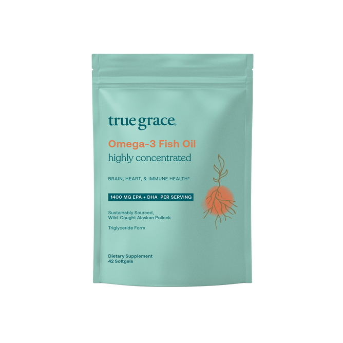 A teal True Grace pouch of Omega-3 Fish Oil includes 42 softgels with AlaskOmega® for brain, heart, and immune support, offering 1400 mg EPA/DHA per serving from wild-caught Alaskan pollock.