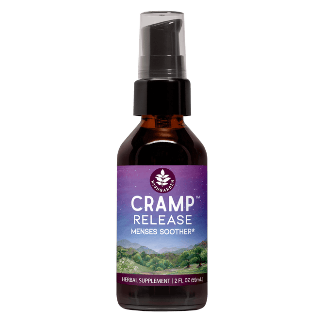This 2 fl. oz. brown bottle with a black pump, labeled Cramp Release by WishGarden Herbs, features a purple landscape label and offers effective menstrual support as an herbal supplement to soothe symptoms.