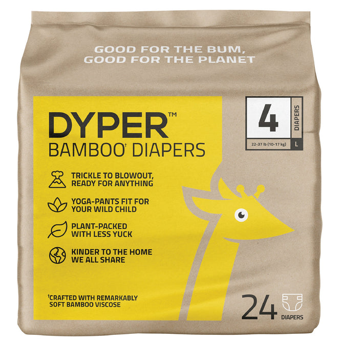 A package of DYPER Bamboo Diapers, perfect for size 4 (22-37 lb), features tan packaging with a giraffe illustration and yellow accents. The text highlights eco-friendliness and softness. Includes 24 diapers.