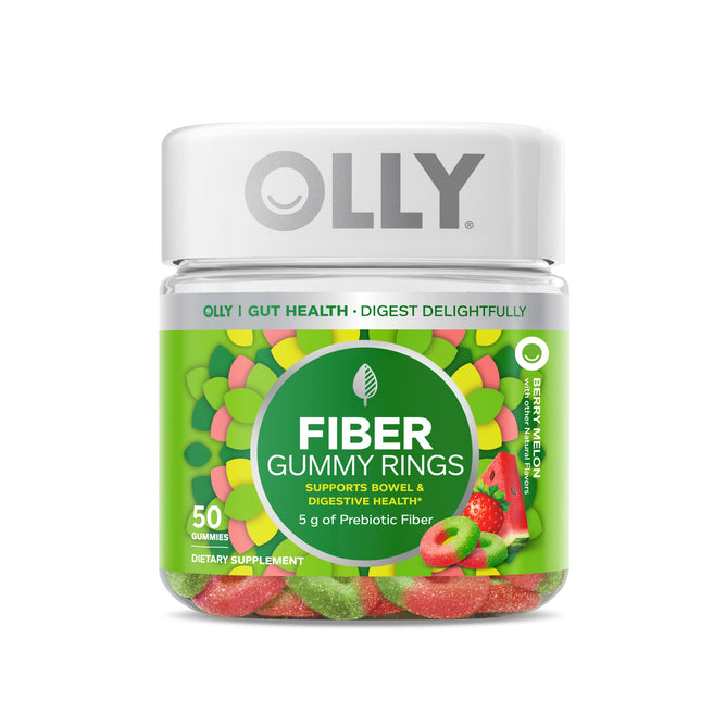 A jar of OLLY Fiber Gummy Rings has a green label highlighting 5g of Prebiotic Fiber for digestive health with vibrant berries depicted. The gummies are colorful in shades of pink, yellow, and green.