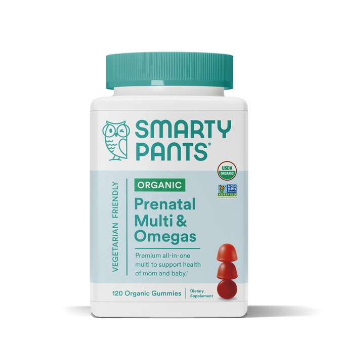 The SmartyPants Organic Prenatal Multi & Omegas Gummies feature Omega-3 ALA and Methylfolate. The white label with green text and an owl logo highlights Vegetarian Friendly and 120 Organic Gummies. The green cap complements the USDA Organic and Non-GMO Project Verified logos.