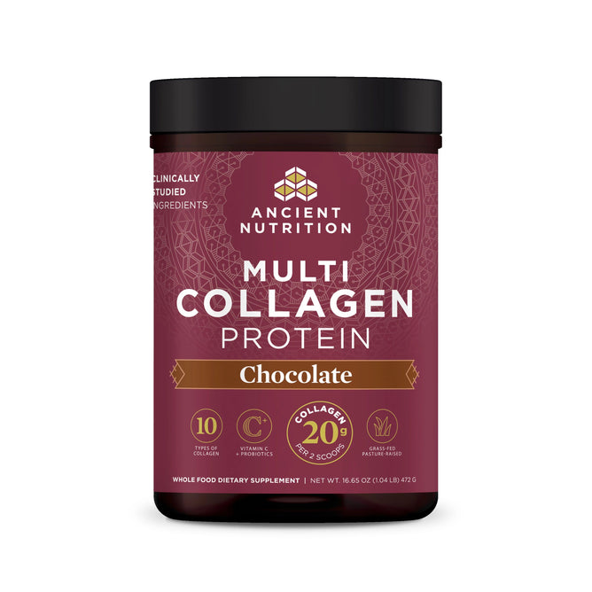 A 16.65 oz container of Ancient Nutrition Multi Collagen Protein Powder offers a chocolate flavor, 10 collagen types, vitamin C, and probiotics. Each scoop provides 20g of collagen.