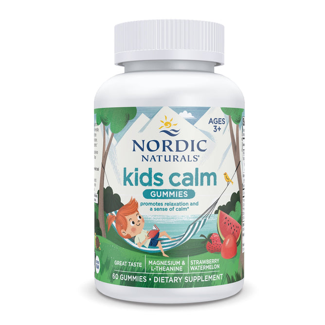 Nordic Naturals Kids Calm Gummies display a playful cartoon child leaping over a watermelon slice, emphasizing relaxation. Designed for kids 3+, they contain magnesium and L-theanine, offering 60 tasty strawberry watermelon gummies.