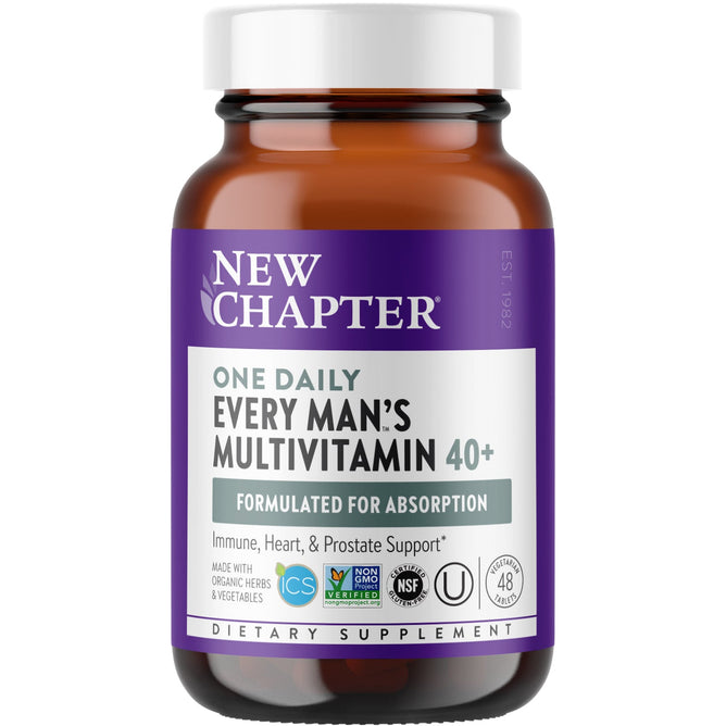 A brown bottle of Every Man™s One Daily 40+ by New Chapter features a purple label emphasizing immune, heart, and prostate support. Its a whole-food fermented multivitamin with organic herbs and is non-GMO certified.