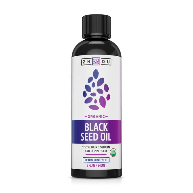 A 100% pure, virgin, cold-pressed Black Seed Oil by Zhou Nutrition, rich in antioxidants and omega 3-6-9. The 8 fl oz (240 ml) bottle has a black cap and a gradient purple and white label with dietary supplement info.