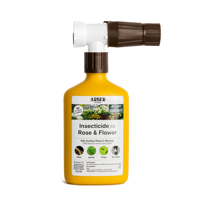 The Arber Organic Insecticide for Rose and Flowers RTS, in a yellow bottle with a brown spray nozzle, is ideal for tackling outdoor pests like mites, aphids, and thrips. It covers up to 2,000 square feet.