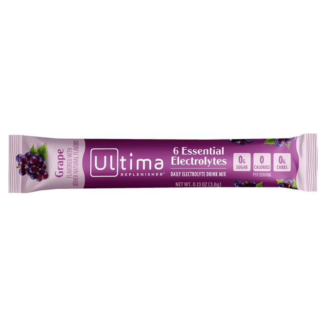 The Broad Spectrum Electrolyte Mix - Sample by Ultima Replenisher offers sugar-free hydration in grape flavor. Its purple packaging, featuring grape imagery, provides a natural taste with 6 essential electrolytes, and contains 0g sugar, 0 calories, and 0g carbs.