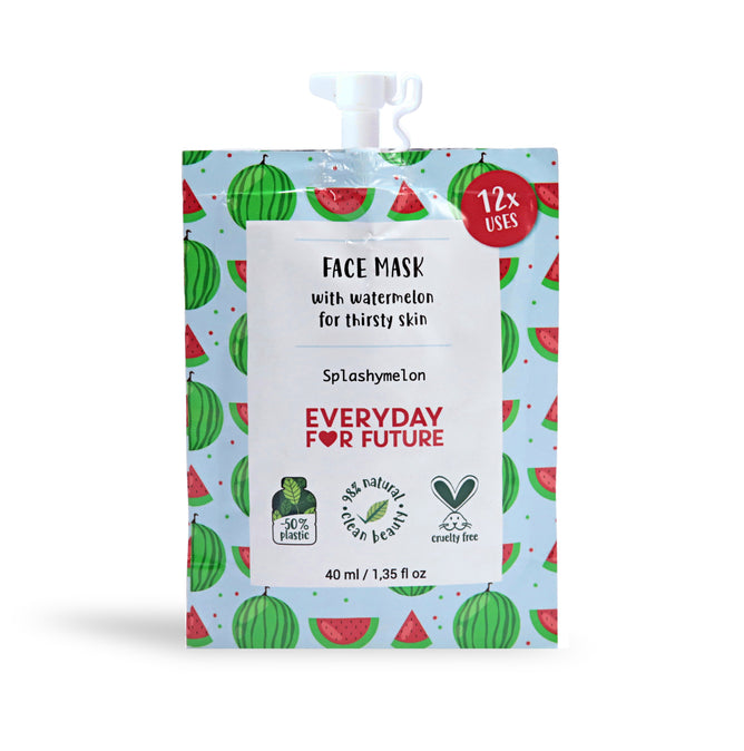 The Face Mask - Splashymelon by Everyday For Future is a vibrant, cruelty-free, vegan skincare sachet for dry skin. It features watermelon graphics, offers 12 uses from its 40ml size, contains 96% natural ingredients, and is crafted using 50% recycled plastic.