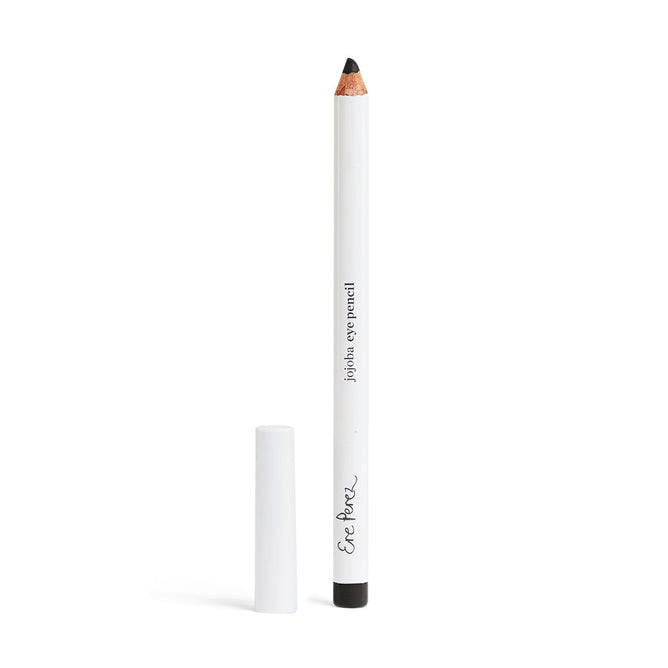 The Ere Perez Jojoba Eye Pencil features a white body, a sharpened black tip, and a matching cap. It stands upright with a cursive logo at the bottom. Enriched with jojoba for easy application, this natural eyeliner is gentle on eyes against a plain white backdrop.