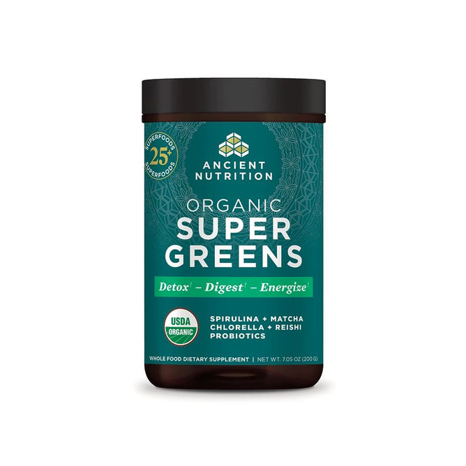 Ancient Nutritions Organic Super Greens is packed with organic superfoods like spirulina, matcha, chlorella, and reishi probiotics for gut health. It promotes detoxification, digestion, and energy. USDA organic certified with a net weight of 7.05 oz (200 g).