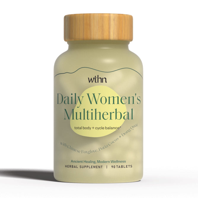 The Daily Womens Multiherbal by WTHN, labeled for total body and cycle balance, holds 90 tablets promoting ancient healing and modern wellness. Featuring a wooden cap, it supports hormonal balance for todays women.