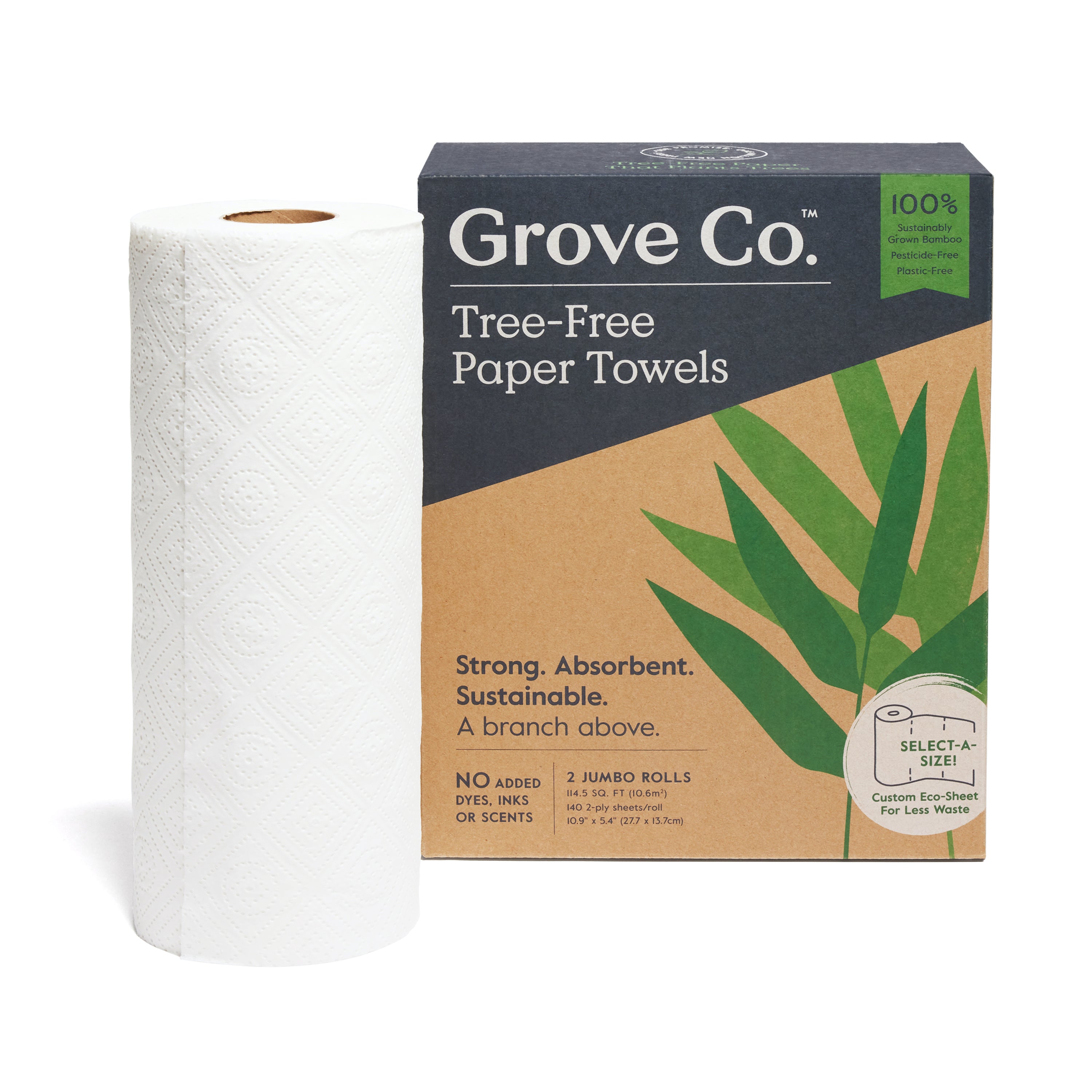 A roll of Grove Co. Bamboo Paper Towels (140 sheets), made from bamboo, is displayed next to its box. The packaging features green leaf graphics and emphasizes the eco-friendly towels strength, absorbency, and sustainability.