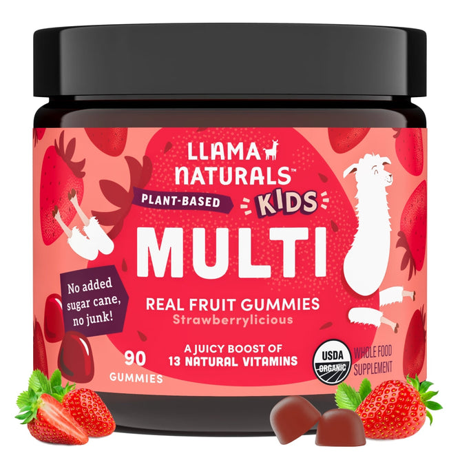 A jar of Llama Naturals Kids Real Fruit Multivitamin Gummies with a pink label, strawberries, and cartoon llamas highlights organic vegan vitamins, no added sugar, strawberrylicious, and USDA organic. This product includes 90 real-fruit gummy treats.