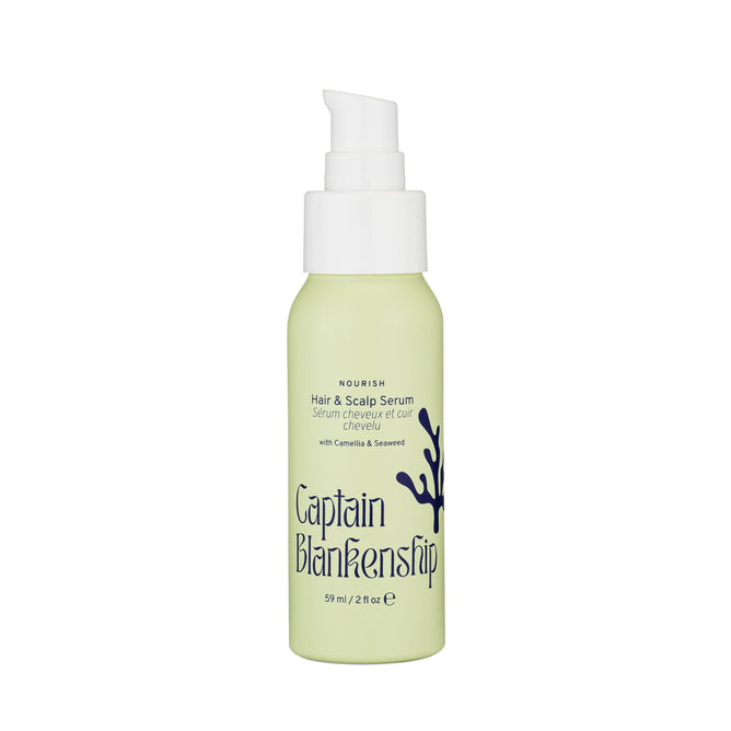 The Nourish Hair & Scalp Serum by Captain Blankenship comes in a green bottle with a white pump, holding 59 ml (2 fl oz) of organic botanical oils and seaweed, designed to naturally revitalize your hair and scalp.