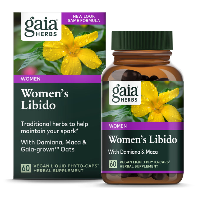 The Gaia Herbs Womens Libido supplement box features a yellow flower against a green background, highlighting the use of Damiana, Maca, and Gaia-grown oats. It contains 60 vegan liquid phyto-capsules designed to support womens sex drive.