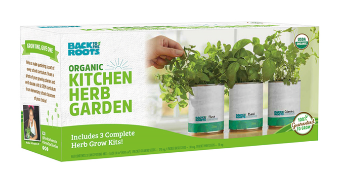 The image shows a Kitchen Herb Garden package by Back to the Roots, featuring three indoor herb grow kits. It includes organic basil, mint, and cilantro seeds. The box displays images of the herbs and USDA organic certification.
