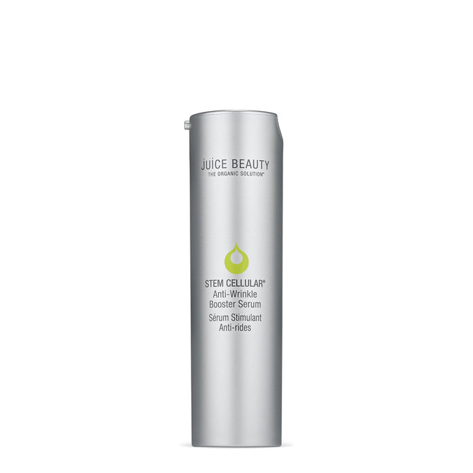 A sleek silver bottle of Stem Cellular Anti-Wrinkle Booster Serum from Juice Beauty features a green droplet logo, highlighting its potent anti-wrinkle properties.