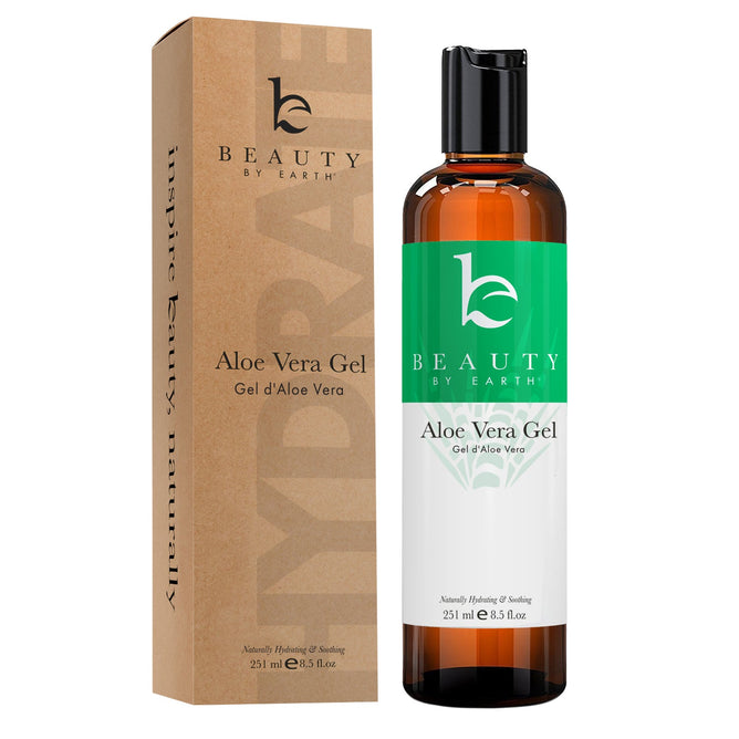 A 251 ml (8.5 fl oz) green bottle of Aloe Vera Gel by Beauty by Earth with a black cap is placed beside its brown packaging, showcasing the organic skincare goodness it offers.