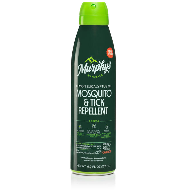 A 6.0 fl oz green spray can of Murphys Naturals Mosquito & Tick Repellent Mist features a DEET-free, eco-friendly formula with Lemon Eucalyptus Oil. The plant-based product promises effective protection against mosquitoes and ticks, topped with a green cap.