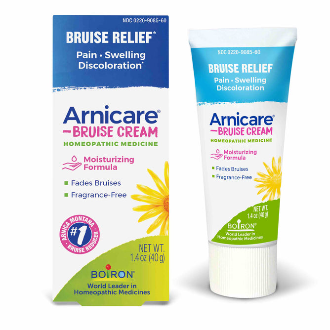 Boirons Arnicare Bruise Cream, a homeopathic remedy with Arnica plant extracts, comes in a 1.4 oz (40g) box and tube. The packaging features a yellow flower, addressing bruising on fragile skin by alleviating pain, swelling, and discoloration. Its fragrance-free with a moisturizing formula.